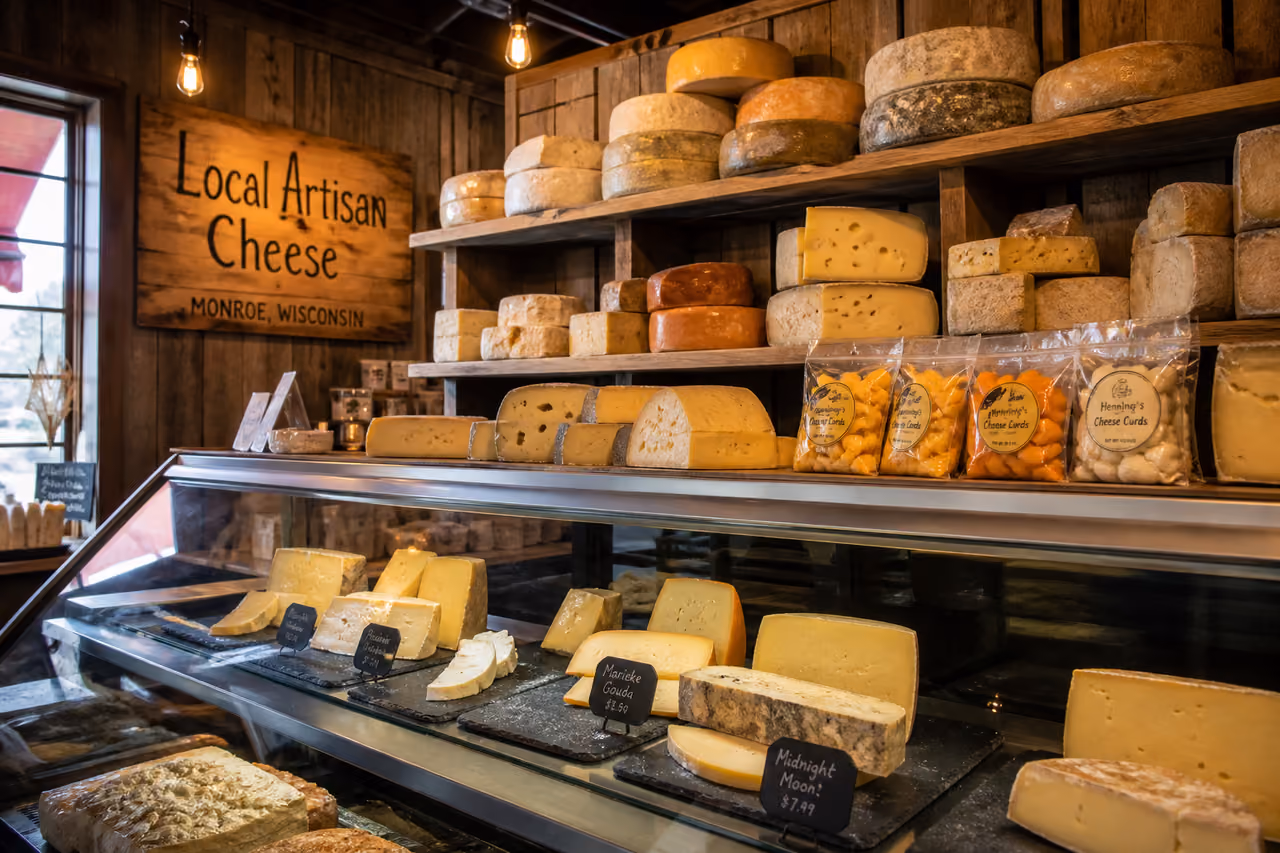 Artisanal Cheese Wheels on Wooden Shelves in a Monroe Store