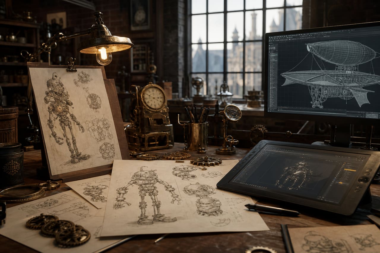 Animator Designing a Steampunk Animation Short Film in a Studio
