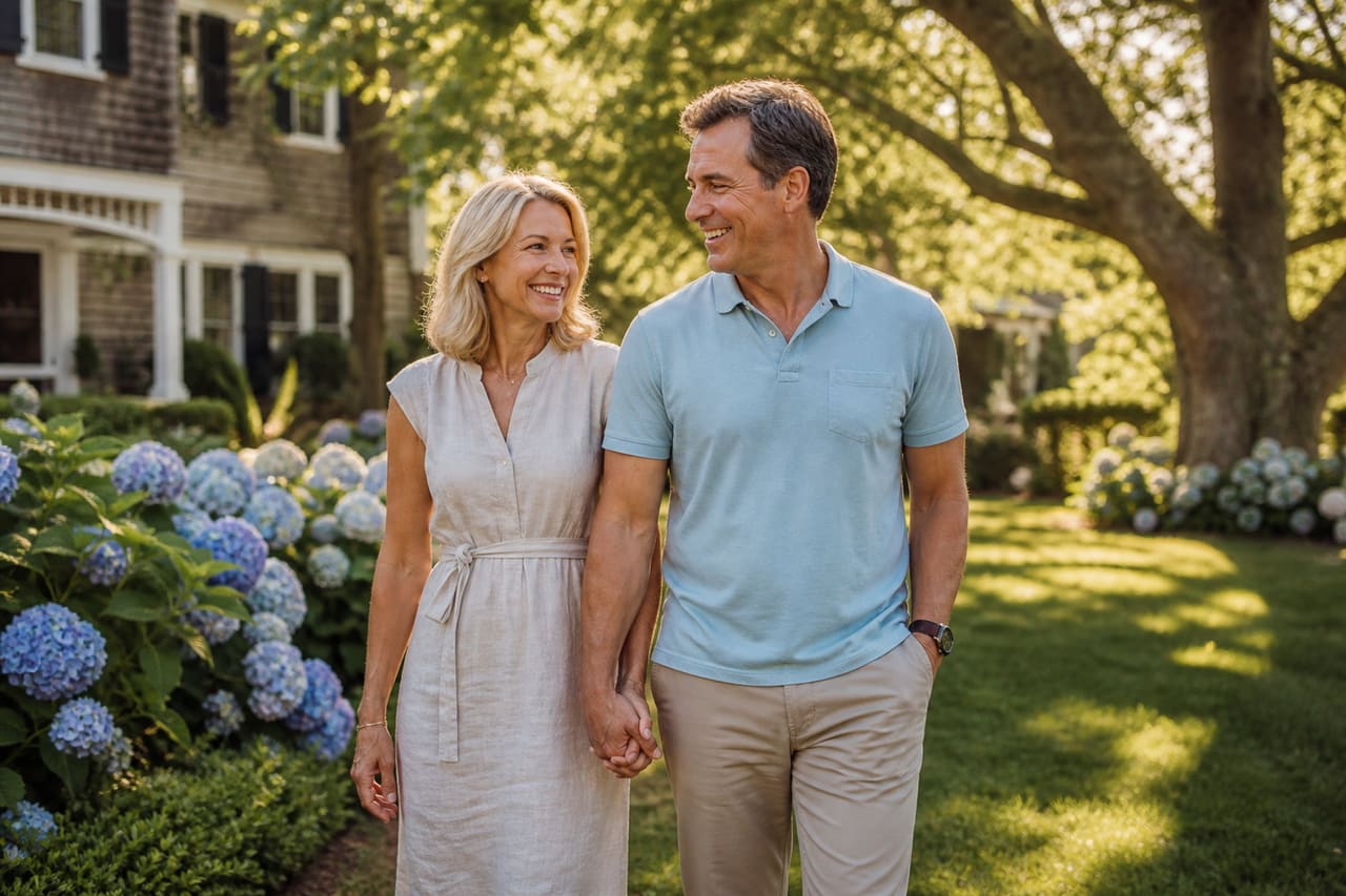Happy Mature Couple Walking Through a Sunny Garden