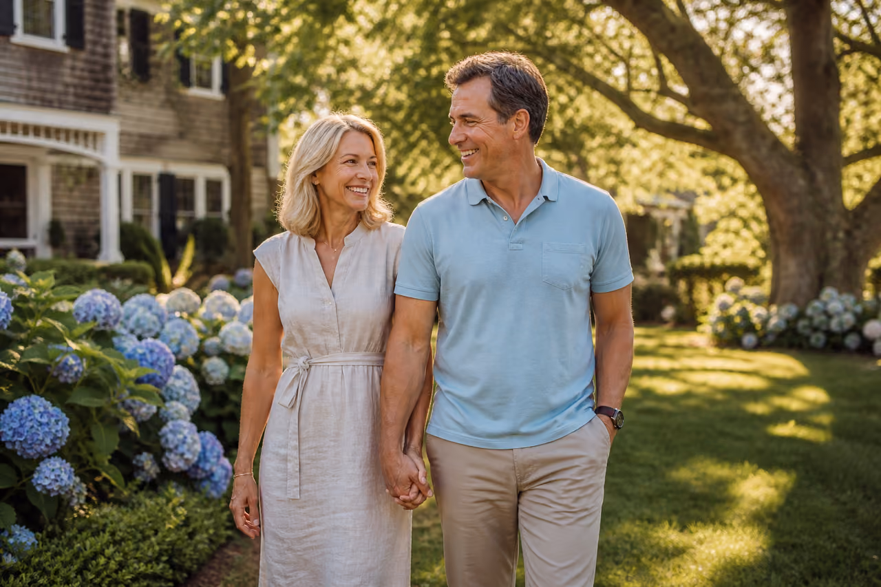 Happy Mature Couple Walking Through a Sunny Garden
