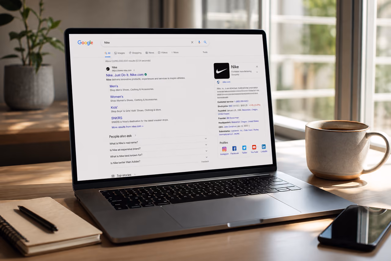 Laptop Displaying Branded Search Results on a Modern Desk