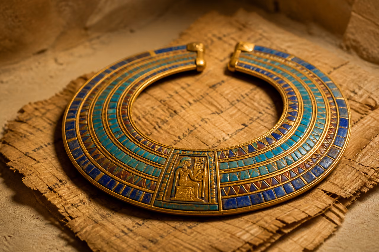 Ancient Egyptian Renga Collar on Weathered Papyrus