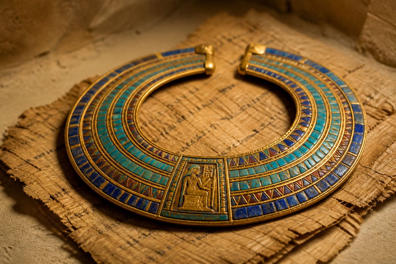 Ancient Egyptian Renga Collar on Weathered Papyrus