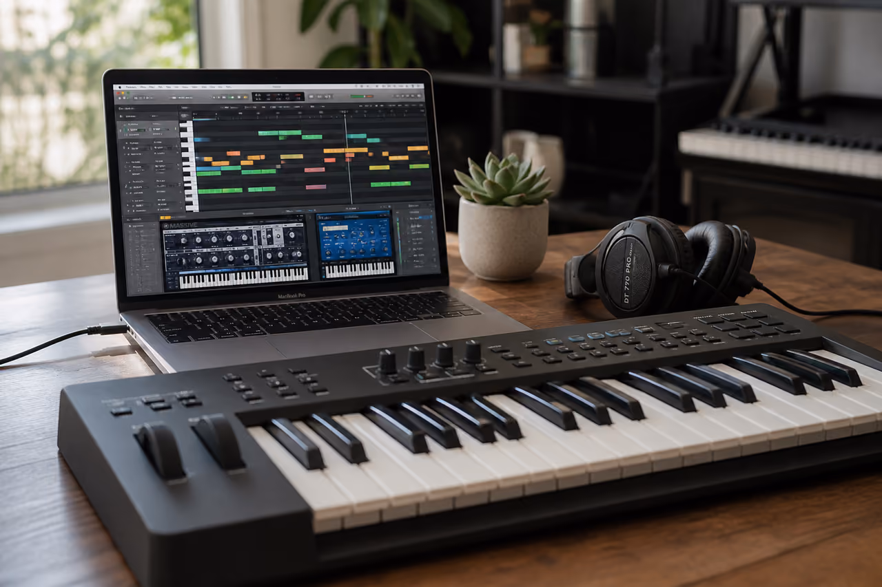 Midi Piano Keyboard Connected to Macbook Pro in Home Studio