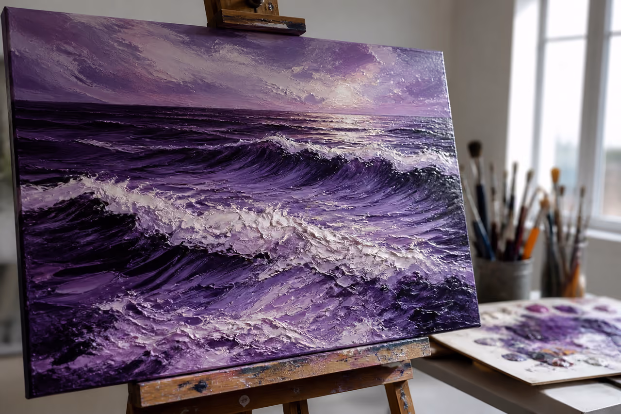 Textured Purple Ocean Painting on a Wooden Easel