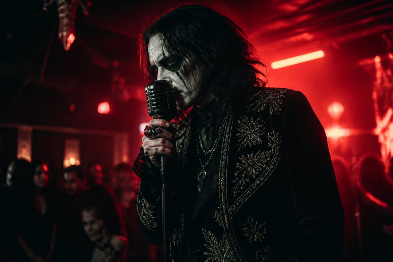 Mysterious Musician Performing in a Dark Neon Lit Club