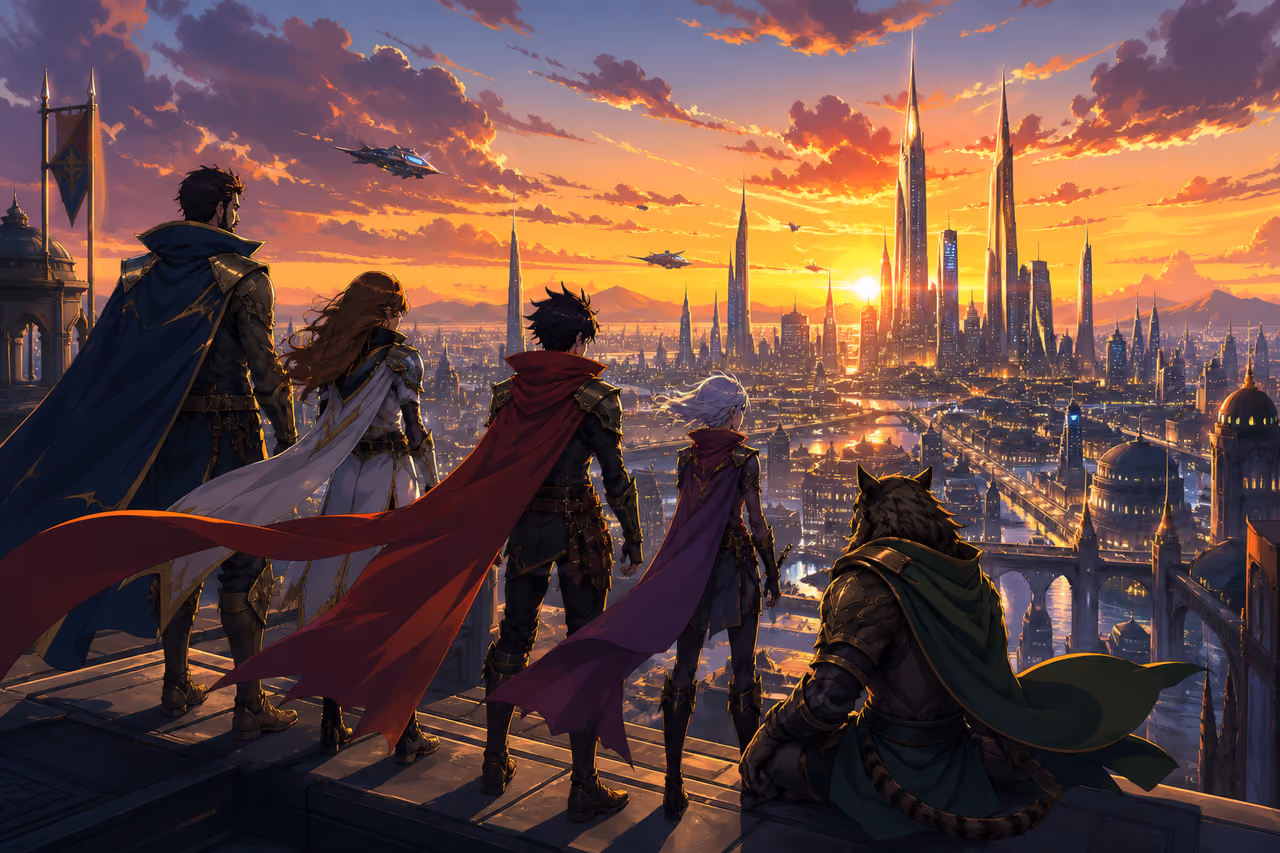 Group of Superheroes Standing in a Futuristic City
