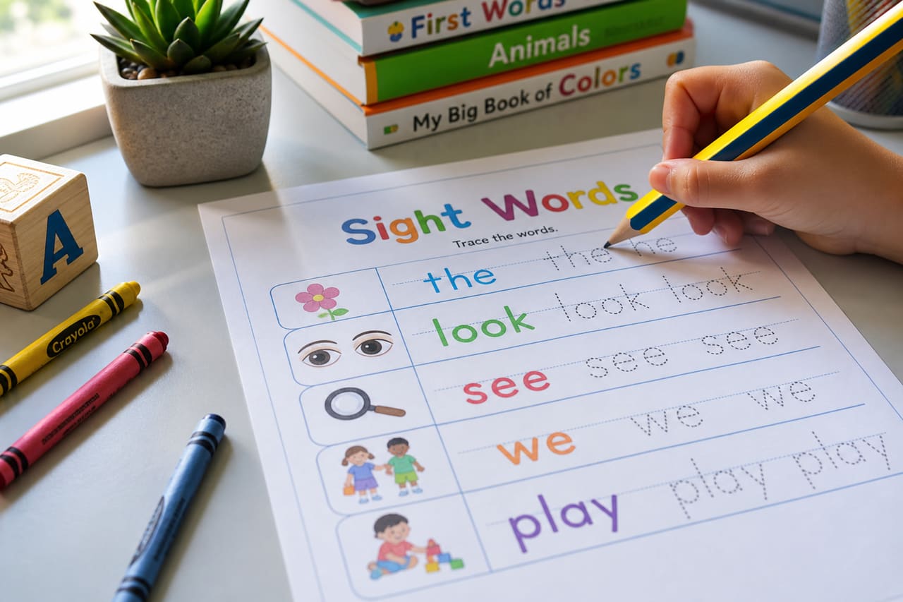 Child Tracing Sight Words Worksheets on a Study Desk