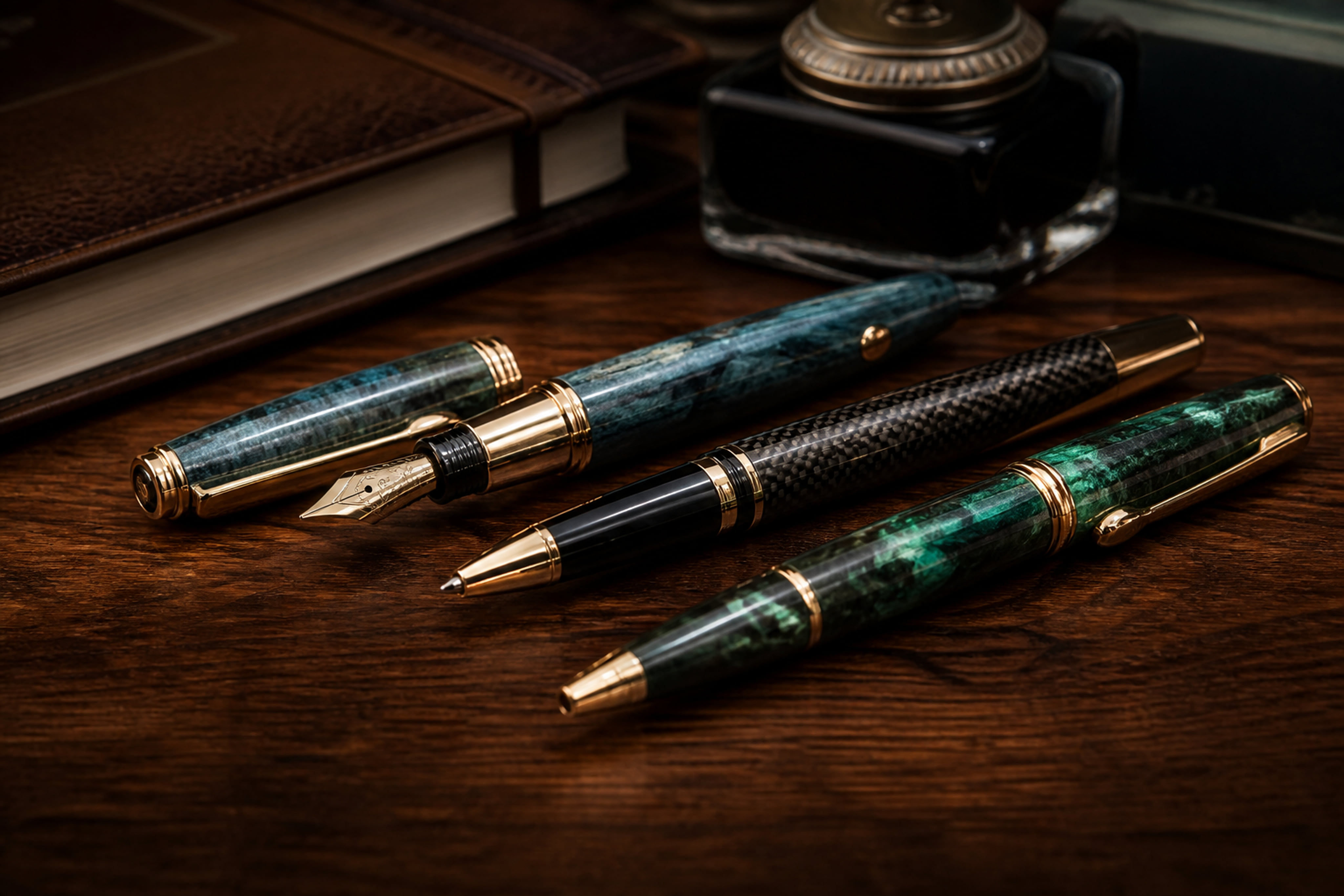 Collection of Luxury Exotic Pens on a Walnut Desk