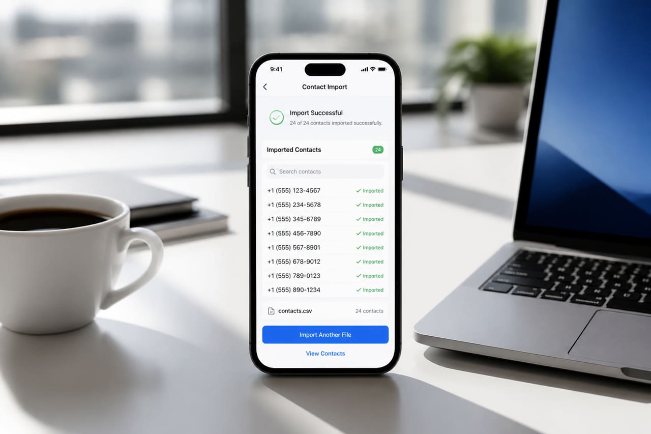 Smartphone Displaying Contact Import of Phone Numbers on Office Desk