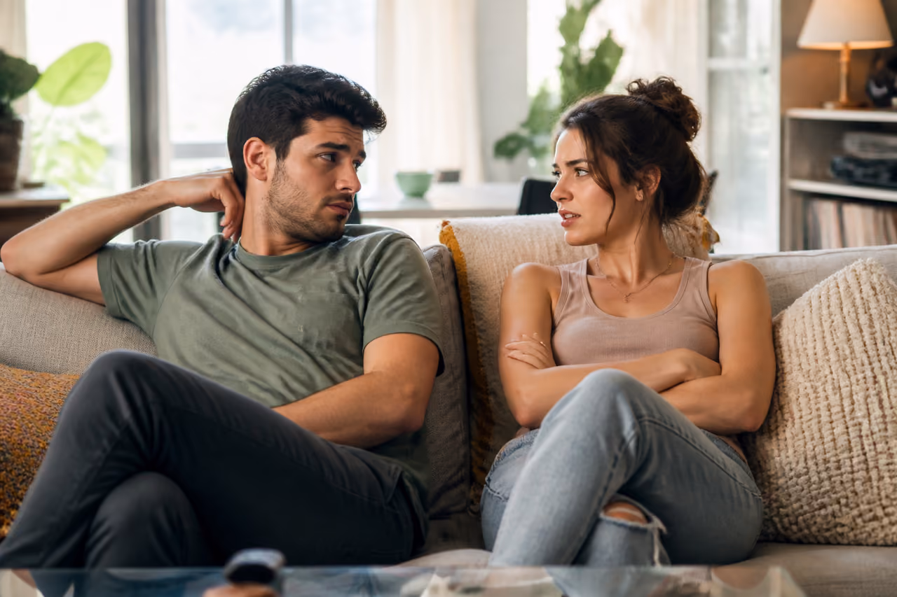 Young Couple Having a Playful Argument on a Living Room Sofa