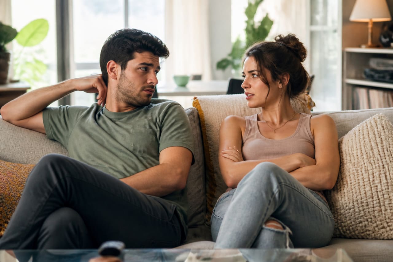 Young Couple Having a Playful Argument on a Living Room Sofa