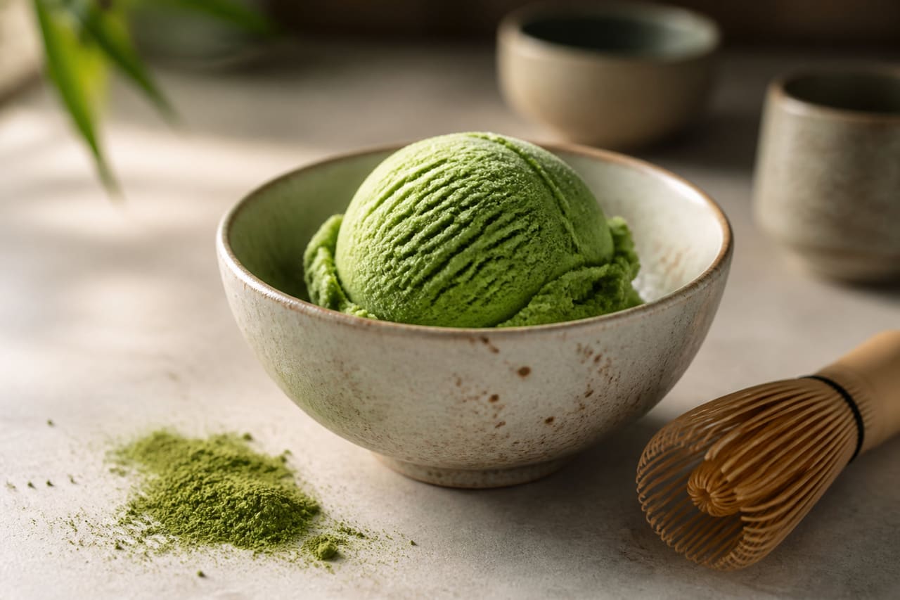 Scoop of Matcha Green Tea Ice Cream in Ceramic Bowl