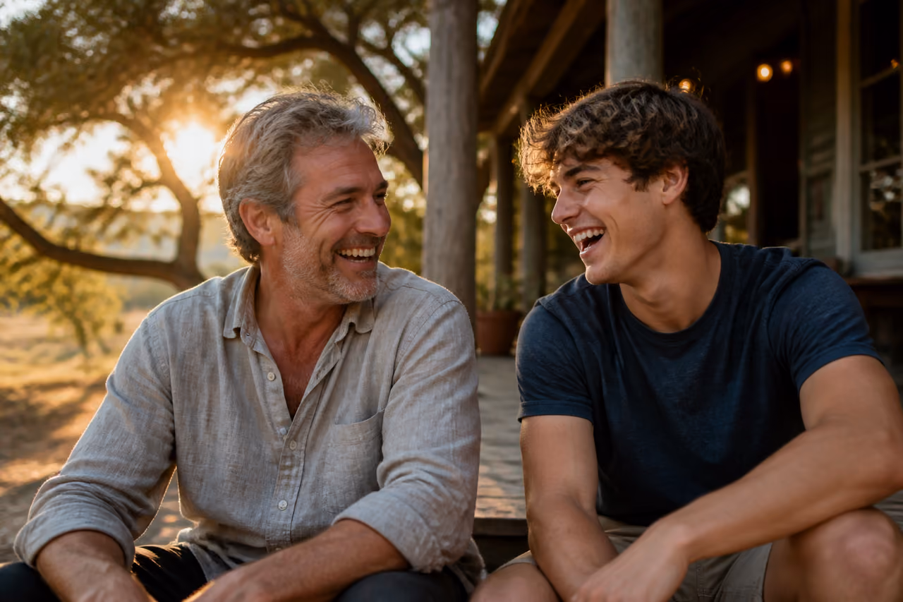 Uncle and Nephew Laughing Together on a Wooden Porch
