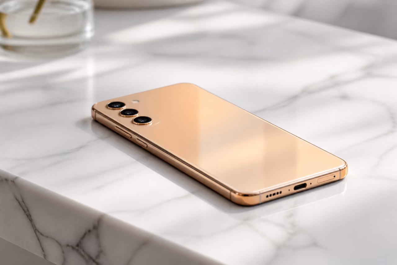 Smartphone in Sunrise Gold Resting on White Marble