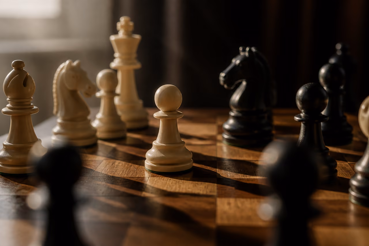 Close-Up of a Strategic Gambit Chess Game on Wooden Board