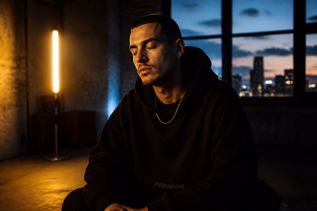 Man with Closed Eyes in a Moody Urban Studio