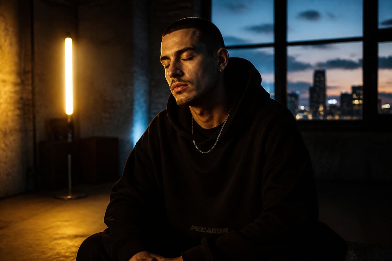 Man with Closed Eyes in a Moody Urban Studio