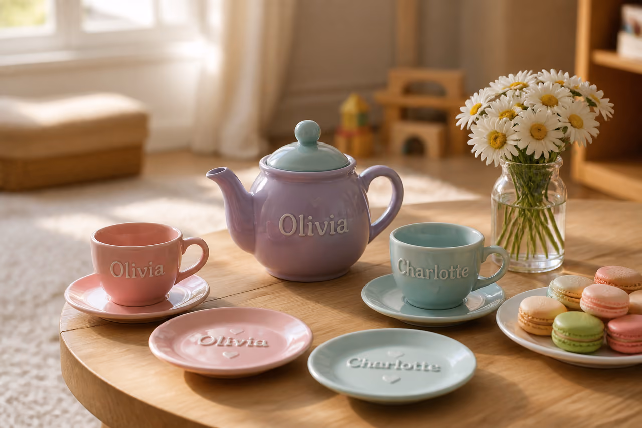 Custom Engraved Tea Set for Kids on Wooden Table