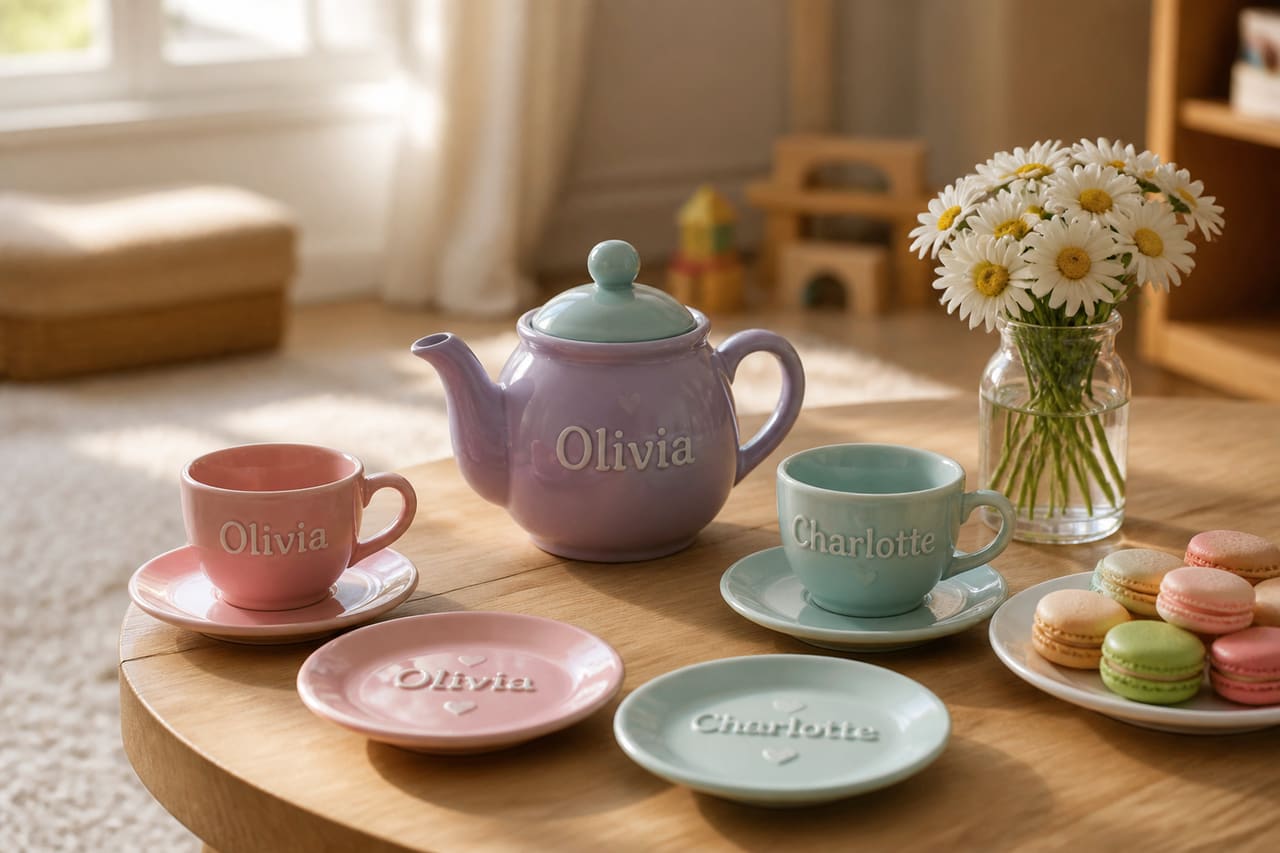 Custom Engraved Tea Set for Kids on Wooden Table