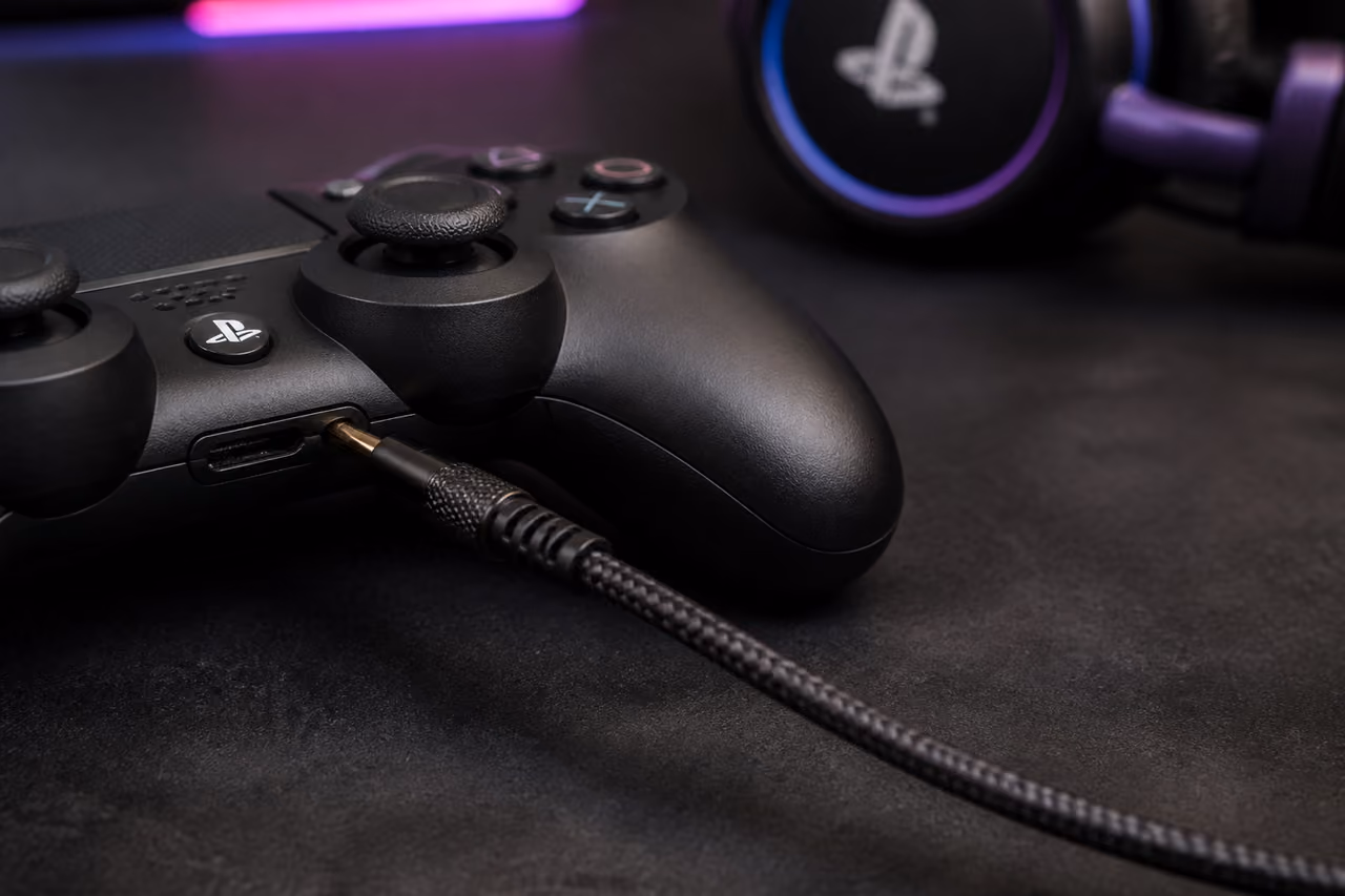 Ps4 Aux Cable Plugged Into Gaming Controller