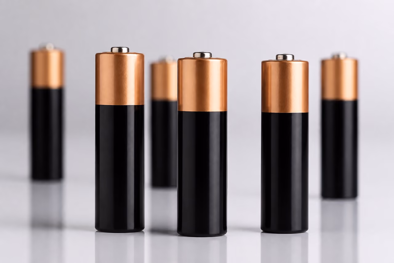 Alkaline Aa Batteries Standing on Reflective White Surface