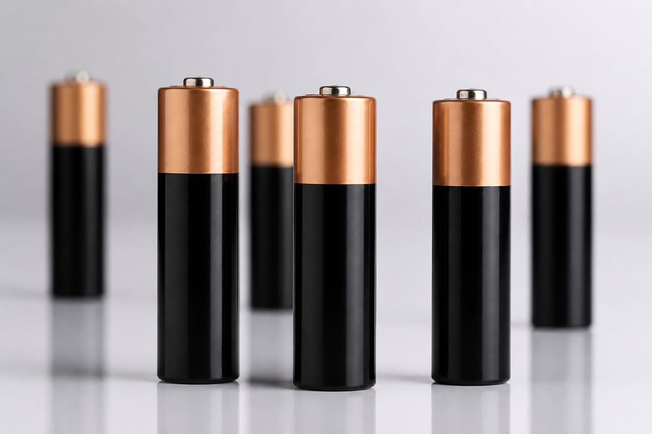 Alkaline Aa Batteries Standing on Reflective White Surface