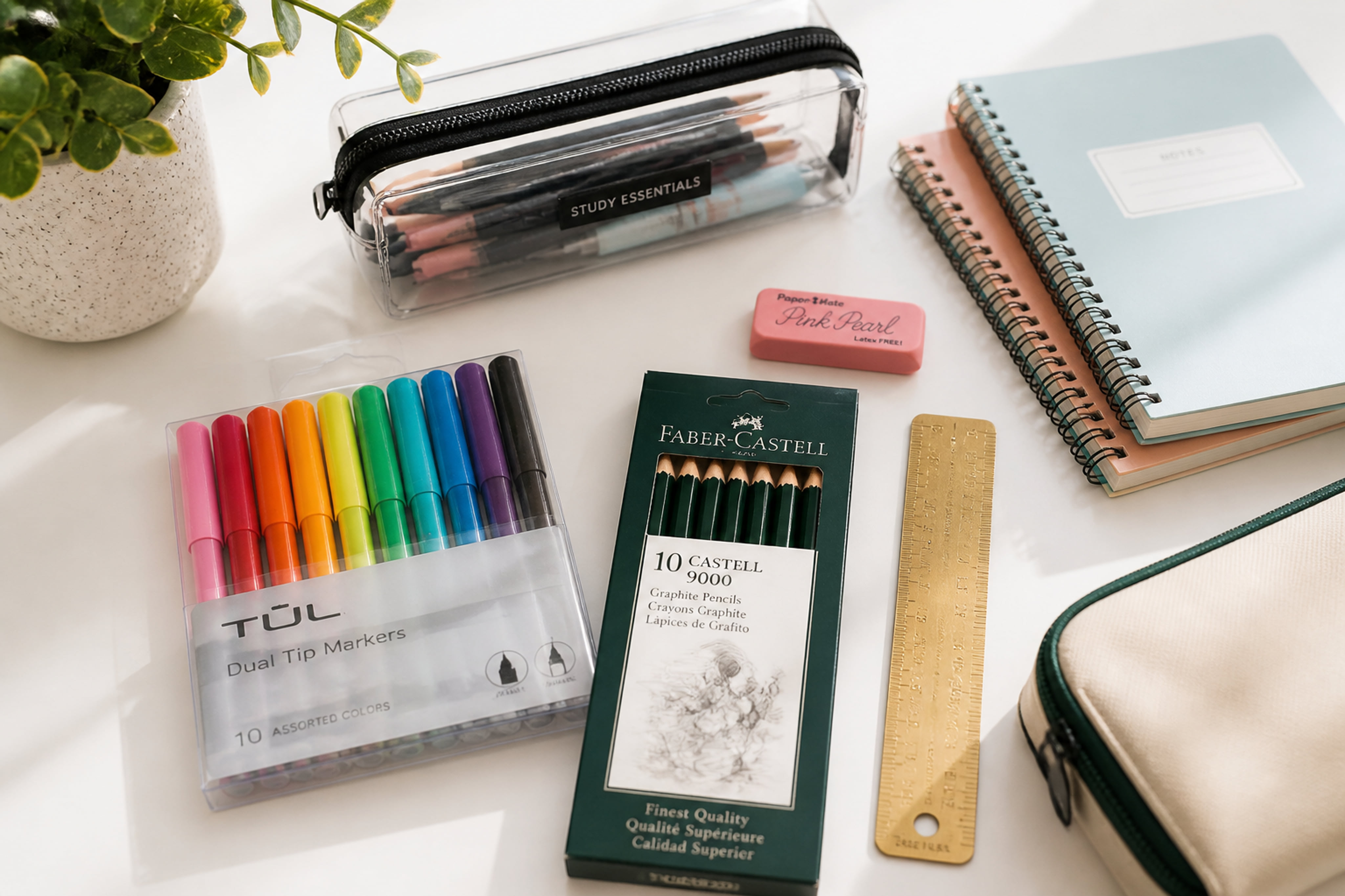 Assorted Colorful School Supplies Arranged on a White Desk