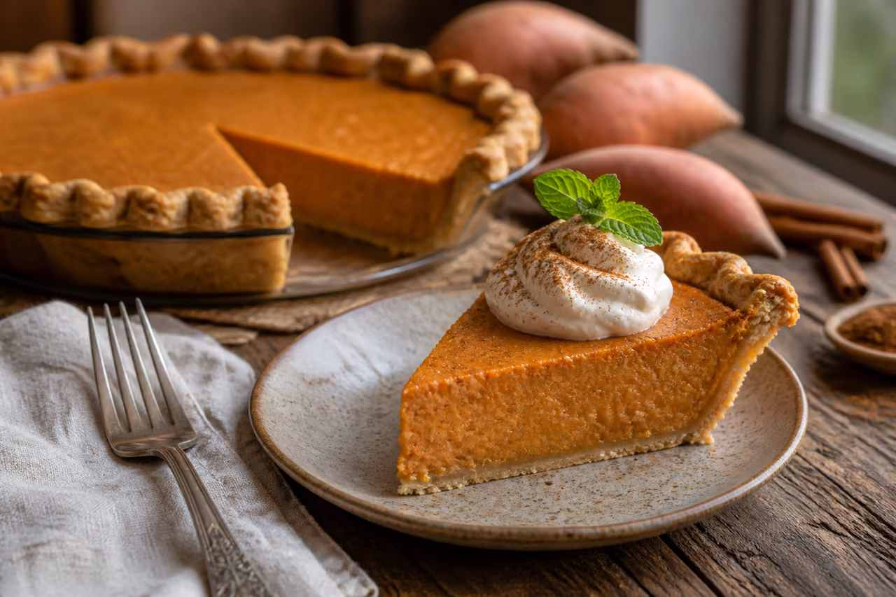 Vegan Southern Sweet Potato Pie with Coconut Cream on Wood