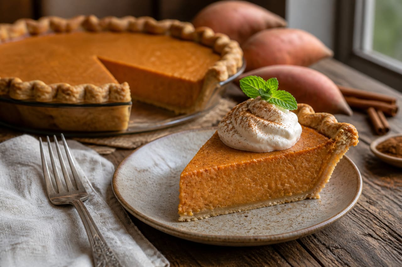 Vegan Southern Sweet Potato Pie with Coconut Cream on Wood