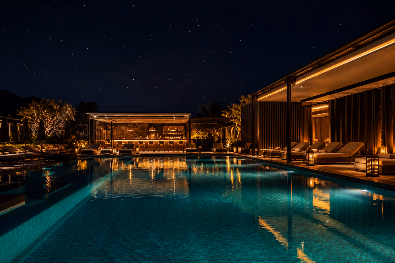 Luxury Resort Swimming Pool Illuminated at Night
