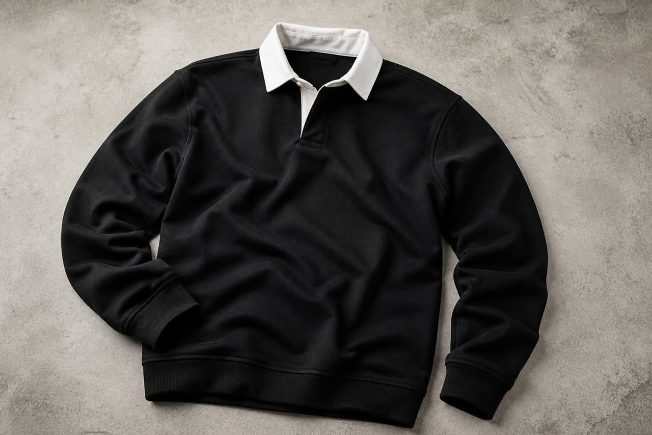 Black Rugby Jumper with White Collar on Concrete Surface