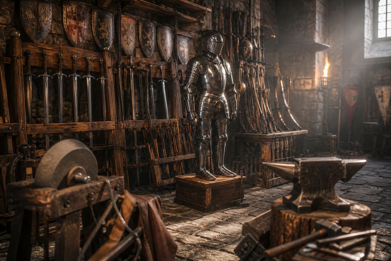 Medieval Armor and Weapons Displayed in an Adventure Armory