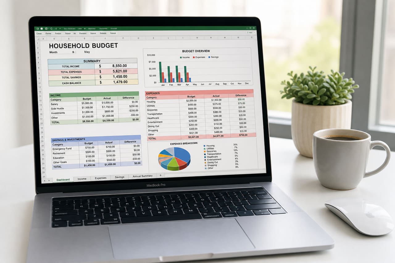 Macbook Pro Displaying a Household Budget Spreadsheet on a Desk