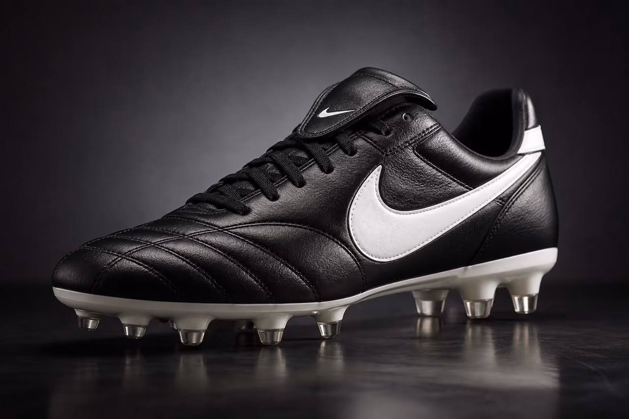 Black and White Leather Soccer Cleats on Reflective Surface