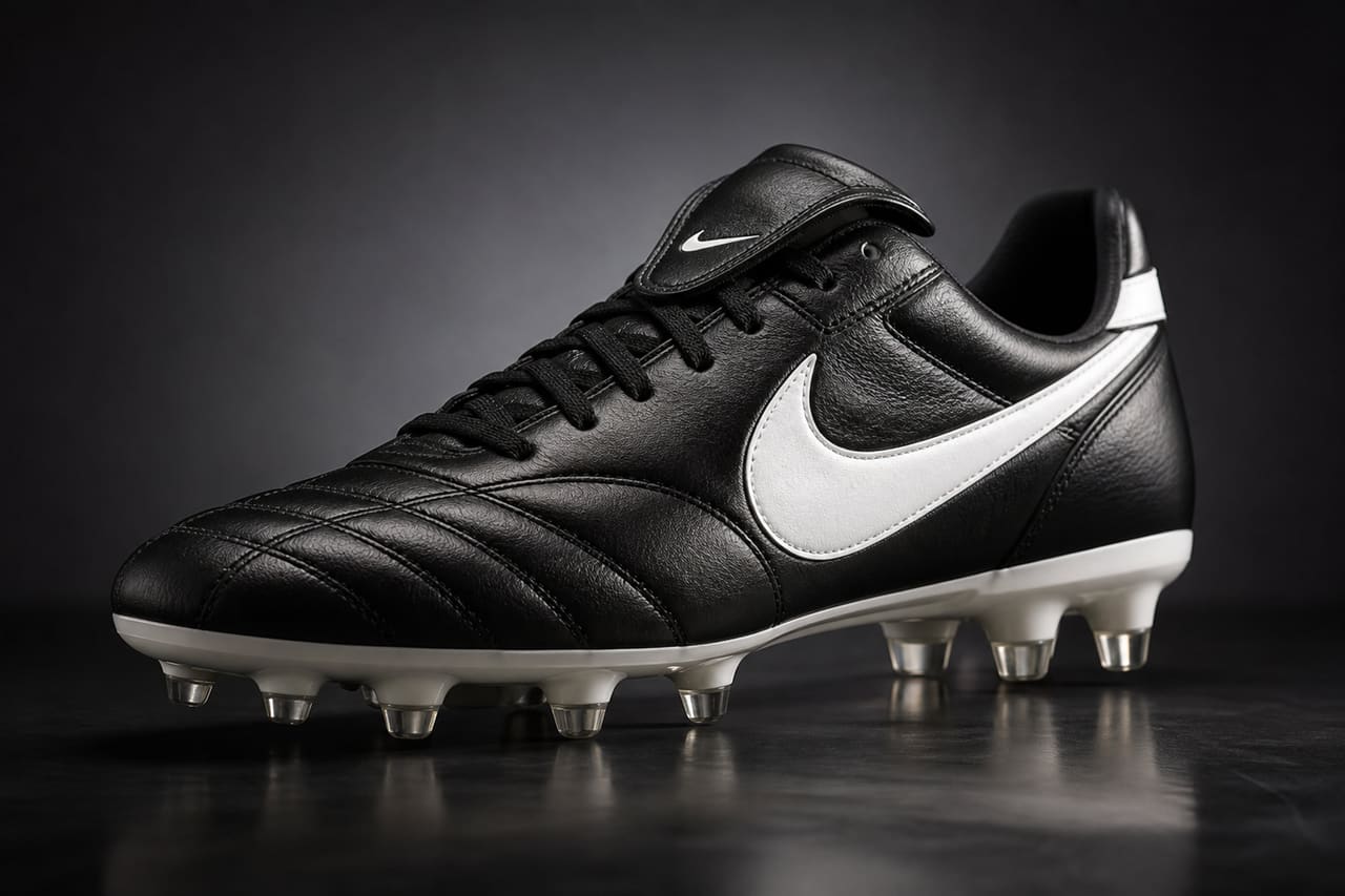 Black and White Leather Soccer Cleats on Reflective Surface