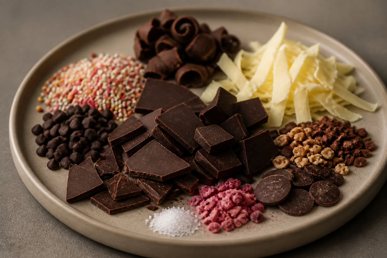Assorted Gourmet Chocolate Bits on a Ceramic Platter