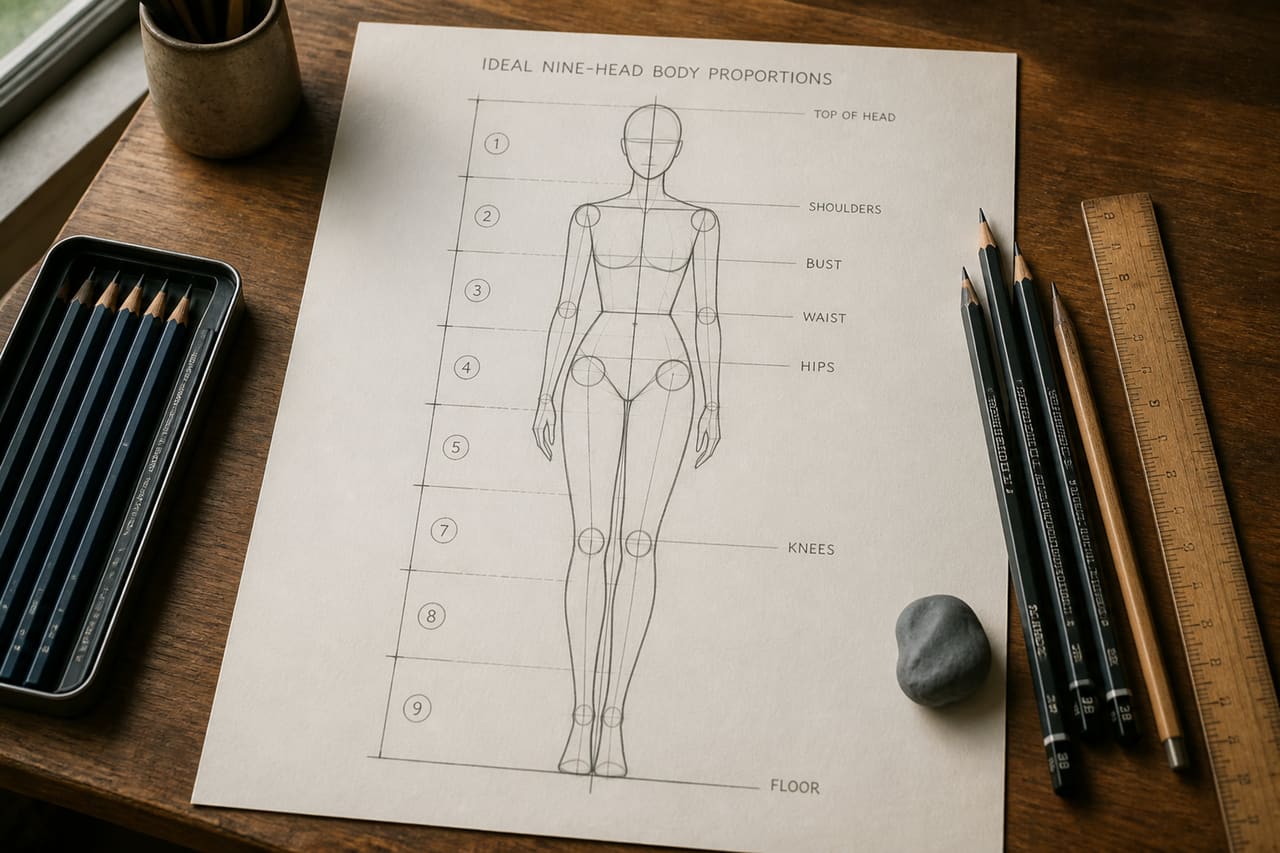 Anatomical Study of a 9 Head Figure Drawing on Sketch Paper