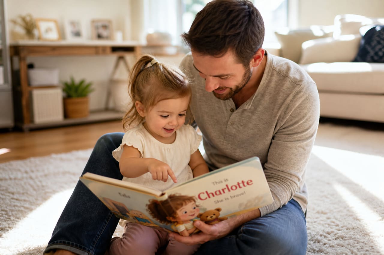 Father and Toddler Reading a Personalized Children's Board Book