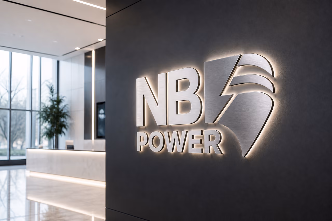 Nb Power Logo as 3D Signage in Modern Office Lobby