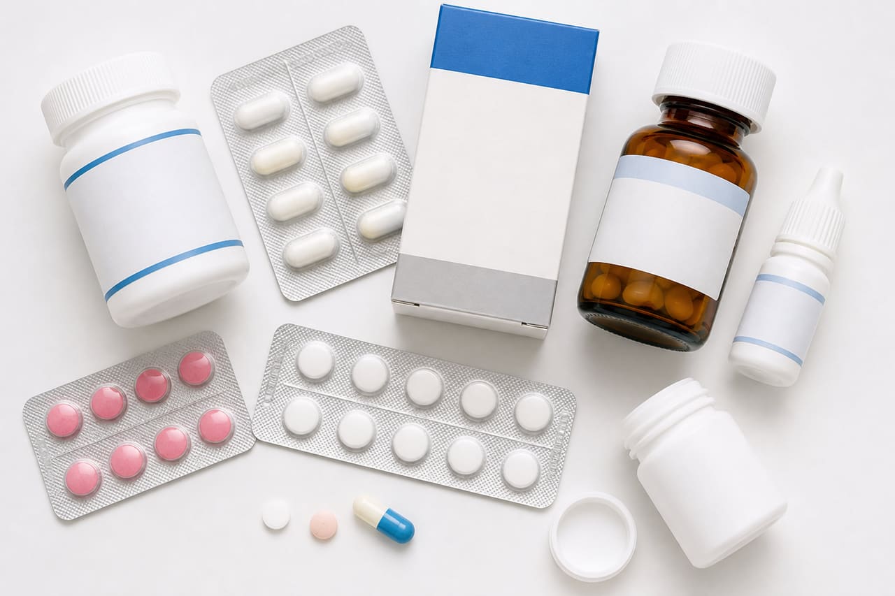 Assorted Otc-Rx Medications and Pharmaceutical Packaging on White Surface