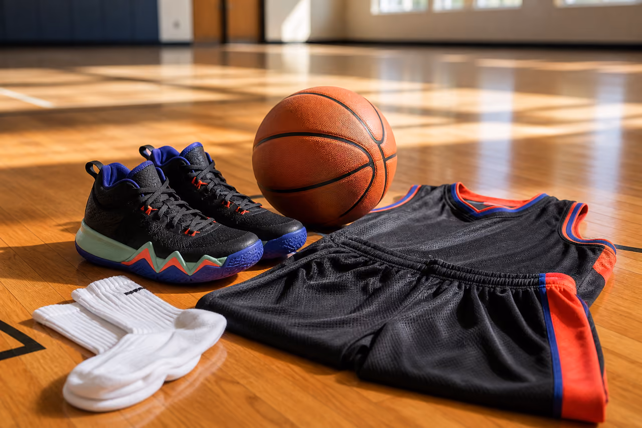 Youth Basketball Gear Arranged on Gymnasium Hardwood Floor
