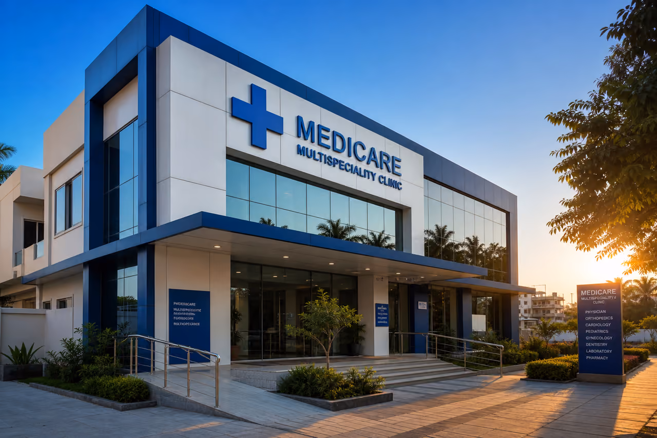 Modern Medical Clinic Exterior with Blue Cross in Rajahmundry