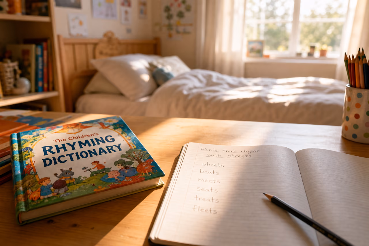Child's Notebook with List of Words That Rhyme with Streets