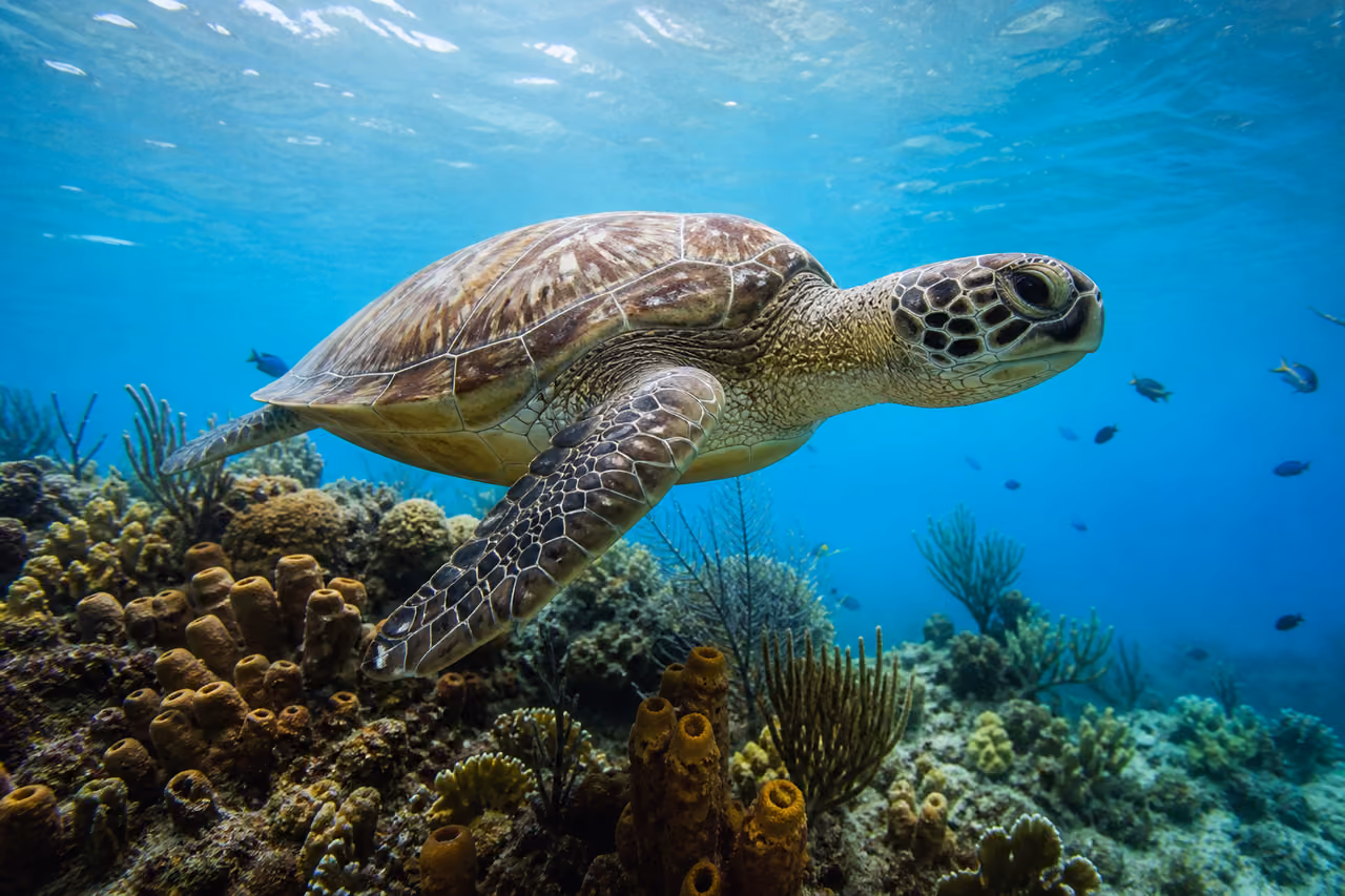 Sea Turtle Swimming Over a Coral Reef in Antigua