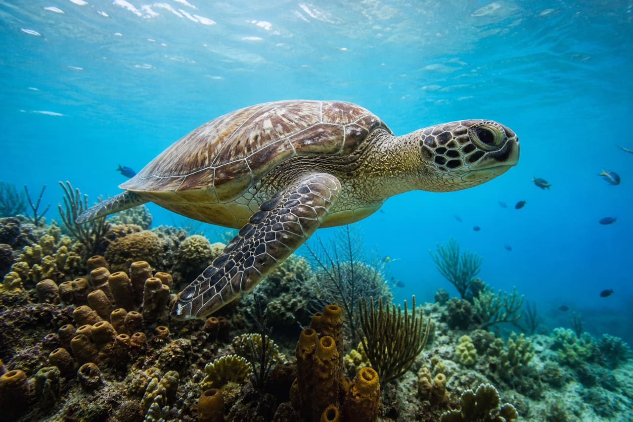 Sea Turtle Swimming Over a Coral Reef in Antigua