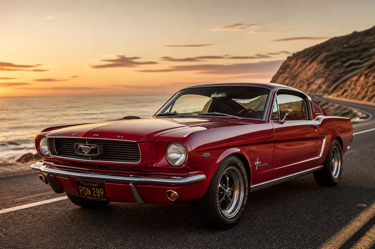 Vintage Red Muscle Car Parked on Coastal Highway at Sunset