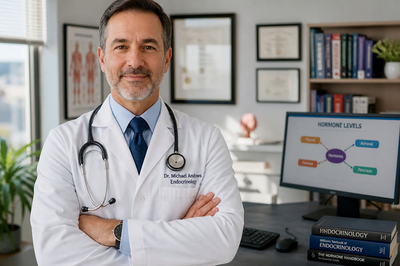 Male Endocrinologist Standing in a Modern Medical Clinic