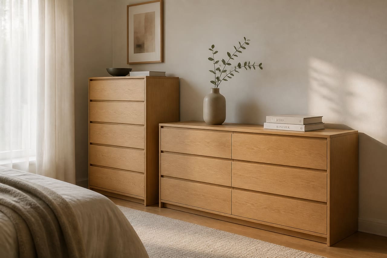 Modern Natural Oak Dressers in a Bright Minimalist Bedroom