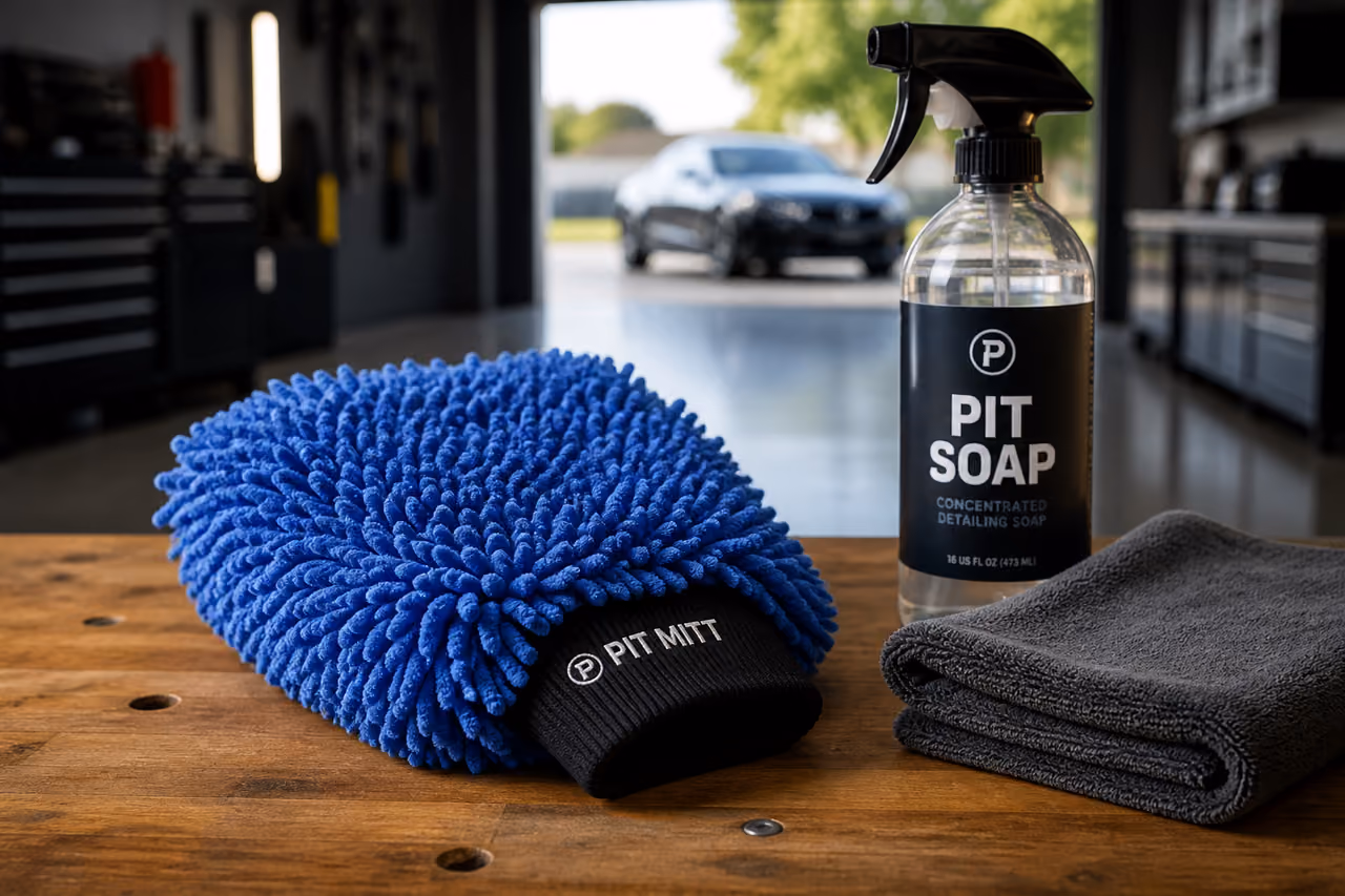 Microfiber Pit Mitt Resting on a Garage Workbench
